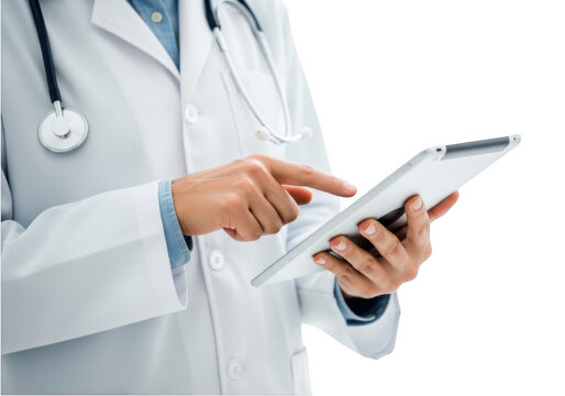 Doctor using tablet isolated on transparent background