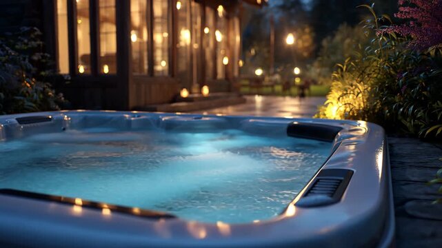 Illuminated hot tub at a wooden cabin at night jacuzzi