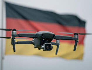 A compact aerial drone flies in the foreground against the softly blurred German national flag.