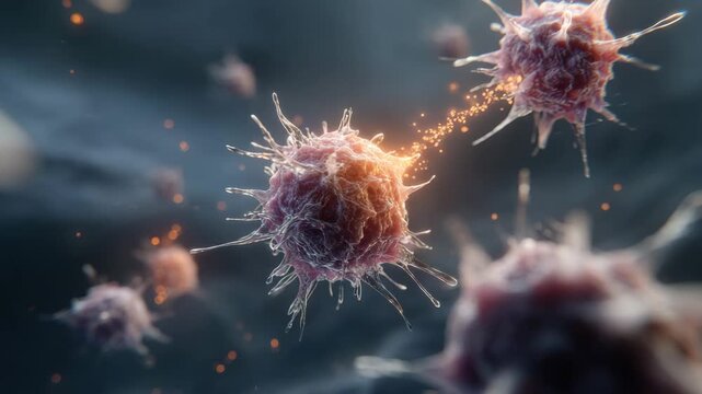Immune cell releasing signaling particles microscopic environment close up of biological interaction with dynamic lighting and scientific atmosphere immune cell releasing signaling particles