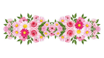 Vibrant pink and yellow floral border with green leaves isolated on transparent background
