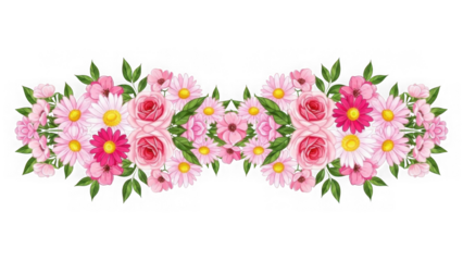 Vibrant pink and yellow floral border with green leaves isolated on transparent background