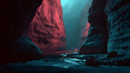 Deep rock canyon in cinematic neon noir lighting