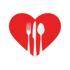 Red heart shaped symbol with fork knife and spoon isolated on transparent background