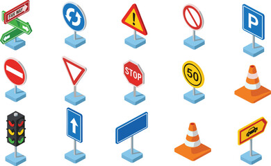 Isometric road signs, traffic symbols, stop sign, yield sign, parking icon, roundabout, slippery road, speed limit, traffic light, cone © Itz Marjia