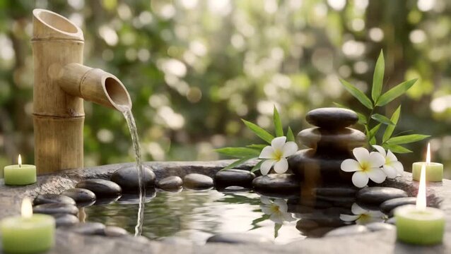 Calm spa scene with smooth stones, flowing water, and white flowers, creating a peaceful zen atmosphere perfect for relaxation and meditation looping video.
