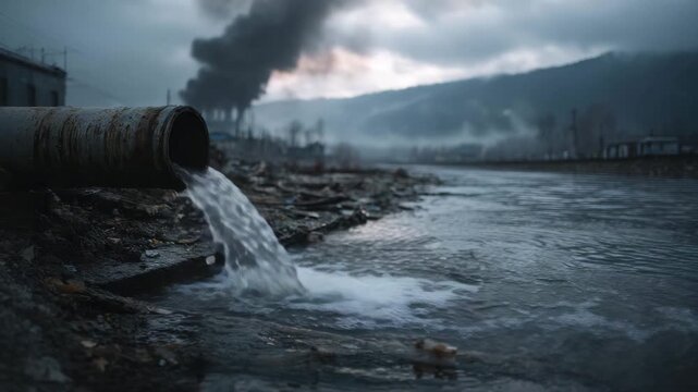 Polluted riverbank with industrial wastewater from rusty pipe draining into river runoff, polluted river discharge pipe pouring wastewater into industrial waterway with factory smoke and smog