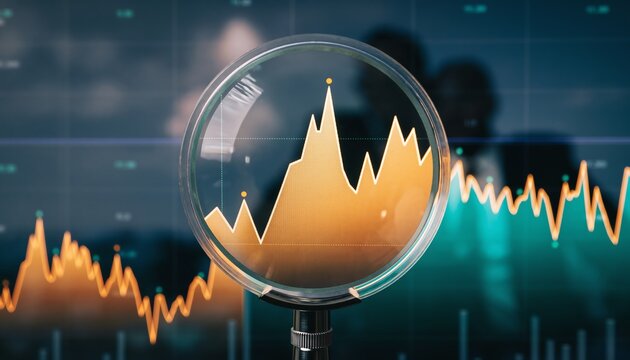 Magnifying financial data growth analysis highlights rising stock market chart, digital finance trends, and investment opportunities with modern technology focus. - Powered by Adobe