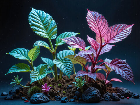 Surreal plants with glowing leaves, neon green and blue, dark background,Glowing plants grow in darkness, imagining a futuristic nature.