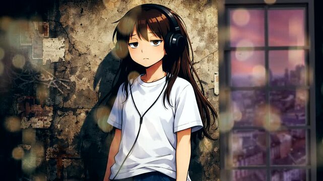 Anime style illustration of a young girl standing in an urban night environment, wearing casual clothes, with soft lighting and atmospheric background, creating a calm and cinematic mood suitable for 