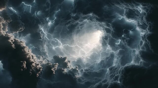 Dramatic thunderstorm cloud with lightning and billowing dark cumulonimbus clouds turbulent sky and bright flash conveying intense energy and motion dark storm cloud with lightning radiating from