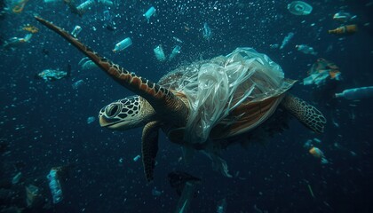Underwater Struggles: A sea turtle, its graceful form juxtaposed with the insidious threat of plastic pollution, navigates a sea of waste, a poignant reminder of our environmental responsibility.