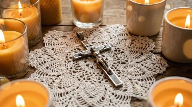 Silver crucifix pendant on lace doily surrounded by glowing candles on wooden table symbolizing religious faith