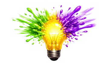 Light bulb bursting with creative inspiration, green and purple paint splashing vigorously from concept to innovation on transparent background