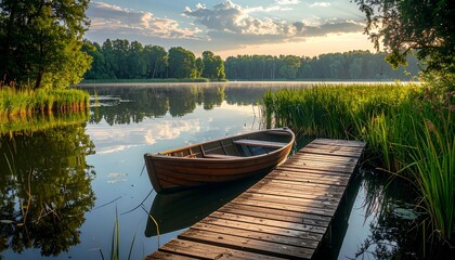 Obraz premium Serene Lake View with Wooden Boat and Dock at Sunset.