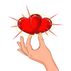 Hand holding two glowing red hearts isolated on transparent background
