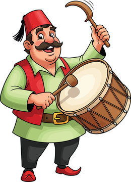 Cartoon Ramadan drummer with a fez and mustache playing a traditional davul.