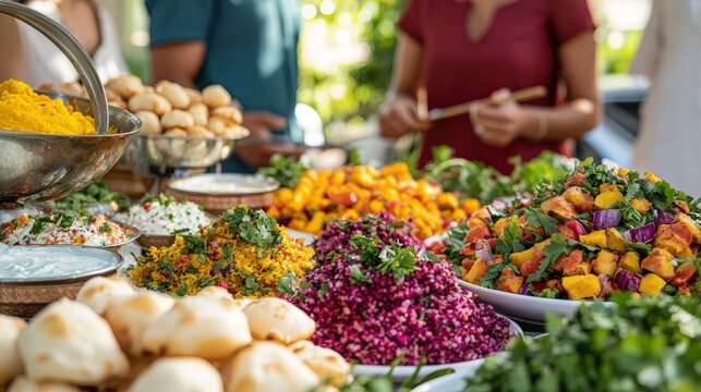 Vibrant Indian street food scene with pani puri and chaat: A lively image of a bustling Indian street food vendor, with pani puri being filled and colorful chaat dishes garnished with herbs,