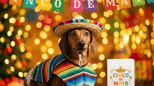 Cute dachshund dog wearing sombrero and serape poncho celebrating Cinco de Mayo with festive banner and greeting card