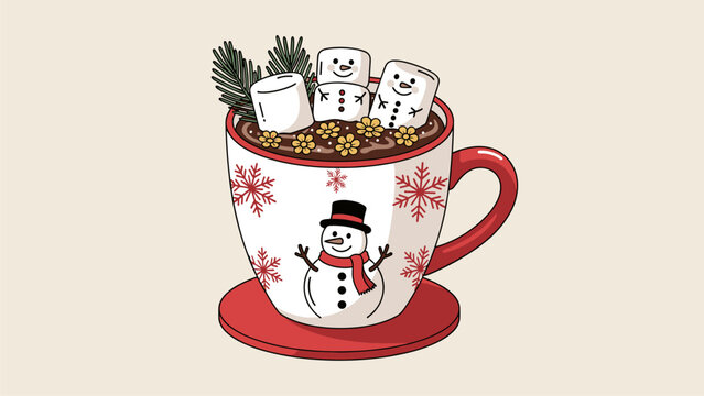 Hot Chocolate with Marshmallow Snowmen: Festive Holiday Beverage Illustration