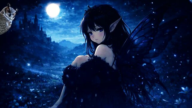Fantasy illustration of an elf girl with pointed ears under moonlight, creating a magical, mysterious, and serene nighttime fantasy atmosphere.
