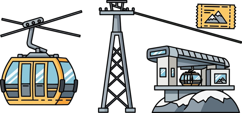 Winter Mountain Transport System Illustration: Cable Car Gondola, Tower, and Ski Lift Station Elements for Alpine Travel