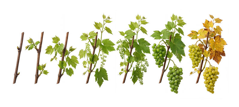 Photorealistic growth cycle of grape vine showing stages. Complete development from seed to maturity. Ideal for agricultural professionals and fertilizer application timing guides. White background.