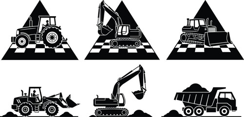 Black silhouette collection of heavy construction machinery, featuring excavators, bulldozers, tractors, and dump trucks, industrial vector illustrations for building and earthmoving project designs. © MstShanaz