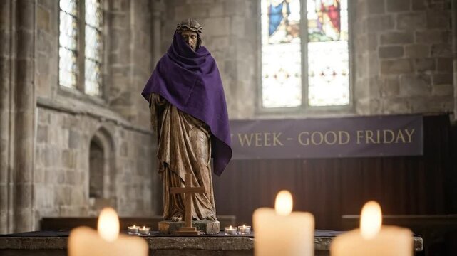 Veiled Jesus Statue on Church Altar with Holy Week Good Friday Banner and Candles