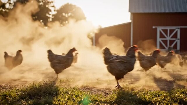 A group of chickens run across a dusty path near a red barn as the sun sets