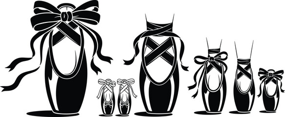 Black silhouette of ballet pointe shoes set, elegant dance footwear icons with ribbons and bows, isolated vector illustration for artistic performance design projects