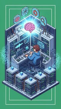Pixel Art Server Room With Brain AI Data Processing