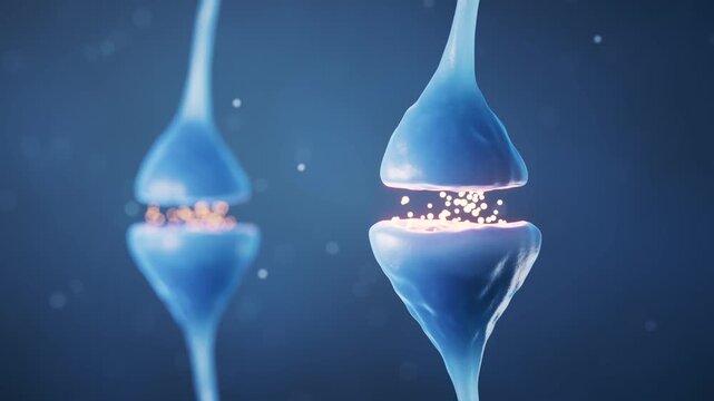 Synapse connection and neurotransmitter release in blue neural network close up