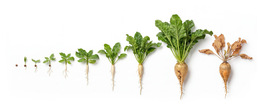 Photorealistic growth cycle of sugar beet showing stages. Complete development from seed to maturity. Ideal for agricultural professionals and fertilizer application timing guides. White background.