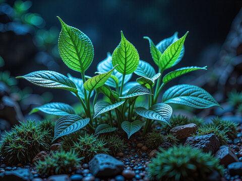 Surreal plants with glowing leaves, neon green and blue, dark background,Glowing plants grow in darkness, imagining a futuristic nature.