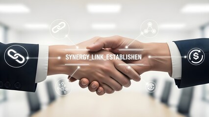 Successful Corporate Partnership Handshake with Virtual Interface Displaying Synergy and Connection