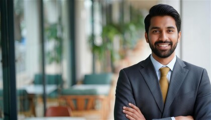 Fototapeta premium Smiling Indian businessman standing at cafe terrace seat