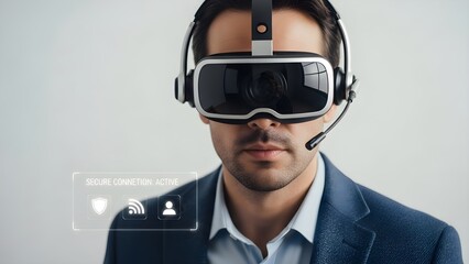 Businessman in VR Headset Experiences Secure Virtual Reality Connection Embracing Futuristic Digital Interface