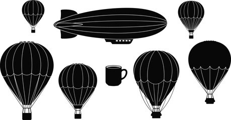 Hot air balloon silhouettes with vintage zeppelin blimp and coffee cup, travel aviation vector illustration, adventure sky flying icons, aeronautics transport background. © MstShanaz