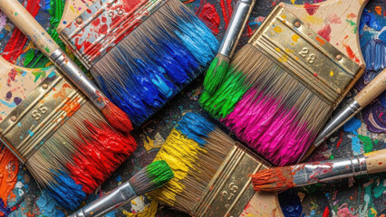 Fototapeta premium Vibrant Paintbrushes with Colorful Bristles on Artistic Canvas, Creative Art Supplies