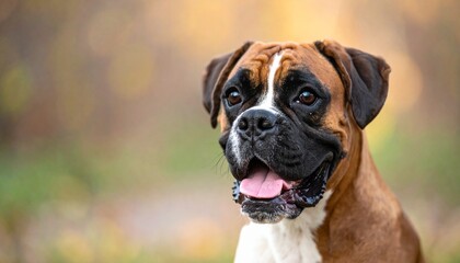 Close-up portrait of a happy Boxer dog outdoors with a blurred natural background