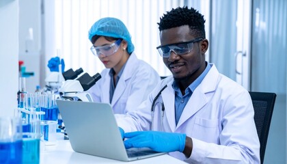 Diverse scientists collaborating in a modern laboratory, conducting research with a laptop, microscope, and chemical experiments.