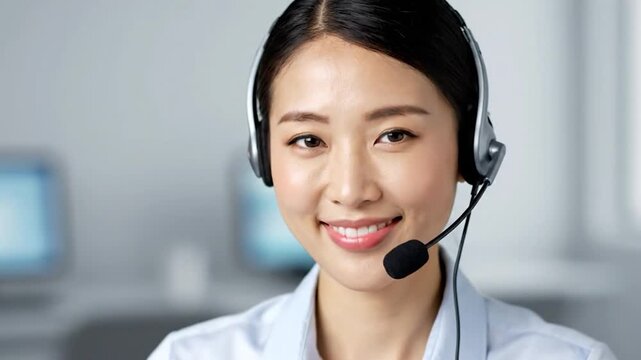 Professional young woman with headset smiling in office environment