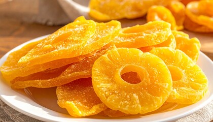 따뜻한 햇살 아래 흰 접시에 담긴 달콤한 건망고와 건파인애플 Sweet dried mango and pineapple slices on a white plate in warm sunlight