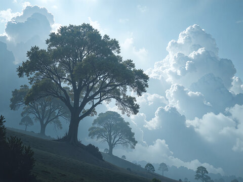 Surreal trees dissolving into mist and clouds, soft blue-gray tones, ethereal mood,Trees dissolve into mist, expressing nature&rsquo;s fading and rebirth.