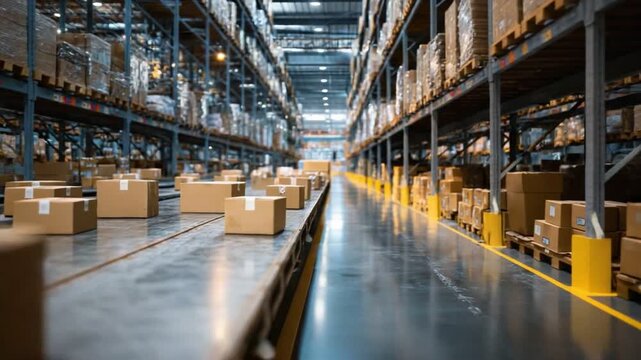 Warehouse Interior: A captivating view inside a vast warehouse, filled with organized rows of stacked goods, highlighting the efficiency of logistics and storage