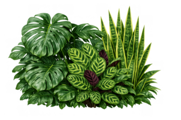 Lush tropical houseplant arrangement featuring split-leaf philodendron, snake plant, and calathea leaves, transparent background