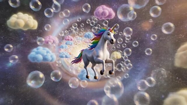 Magical Unicorn Floating Among Colorful Clouds and Bubbles in Cosmic Galaxy.