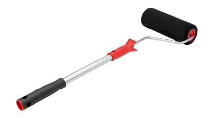 Silhouette of a paint roller extension pole with red handle and black roller cover