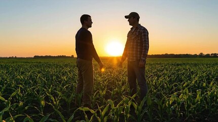 Two Farmers Silhouetted by Golden Sunset in a Lush Green Crop Field, Symbolizing Agricultural Partnership and Collaboration